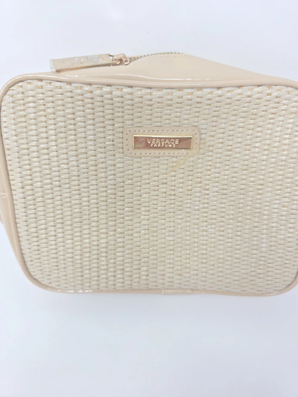 VERSACE Woven Bag Gloss Trim Makeup Cosmetic Perfume Bag Tan Gold Zip Closure